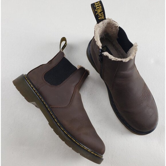 Dr Martens Leonore Ankle Boot Womens 7 Brown Leather Faux Fur Lined Side Zip - Picture 1 of 13